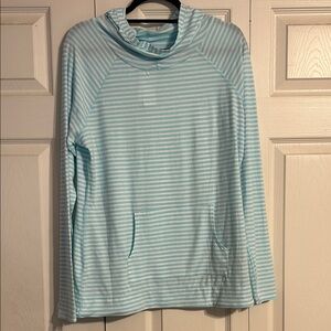 KIWI KATE Size Large NWT Aqua Blue Whtie Striped Lightweight Sun Cowl Hoodie